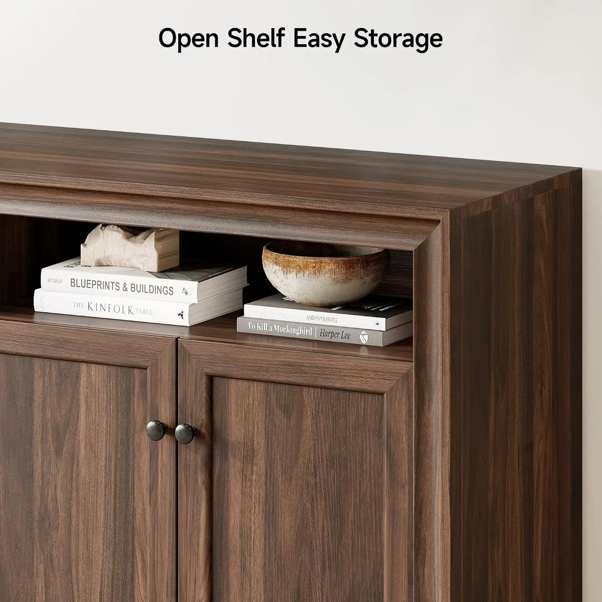 Bramblenote open upper storage detail with wood-grain finish and dark round knobs.