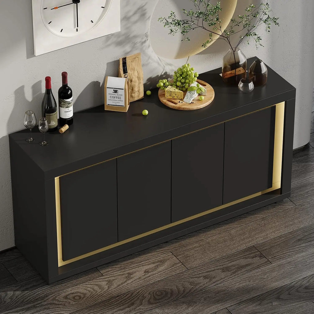 Angled view of Driftloom black sideboard with broad top and gold-tone door surround
