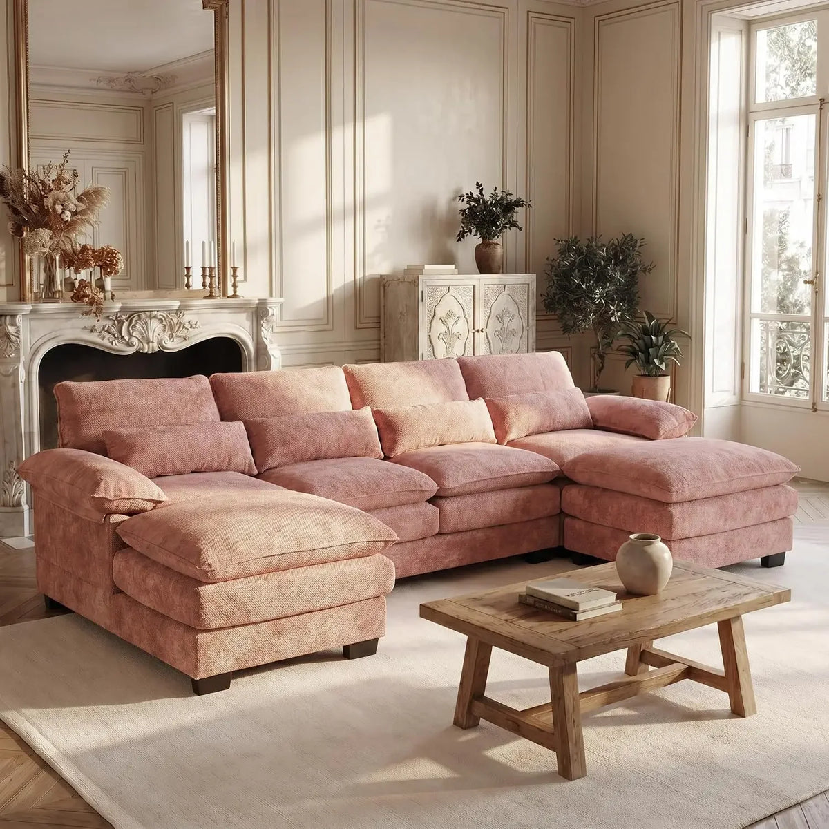 Halewyn sectional in Pink chenille fabric with wide central seating