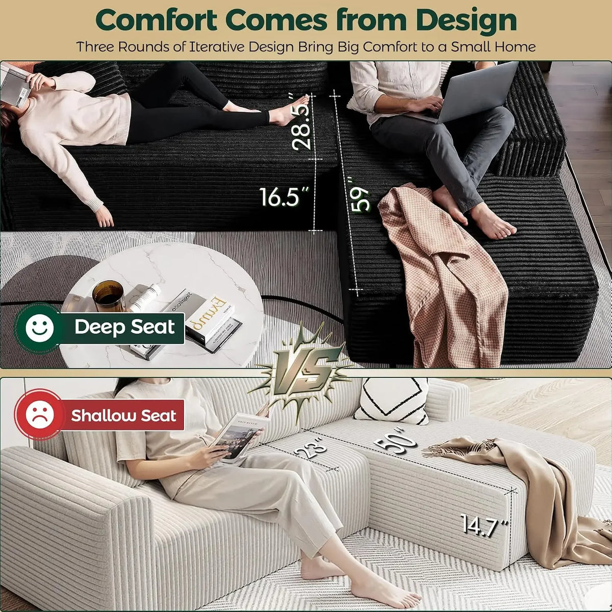Sablewynn deep chaise seating comparison illustration with people lounging