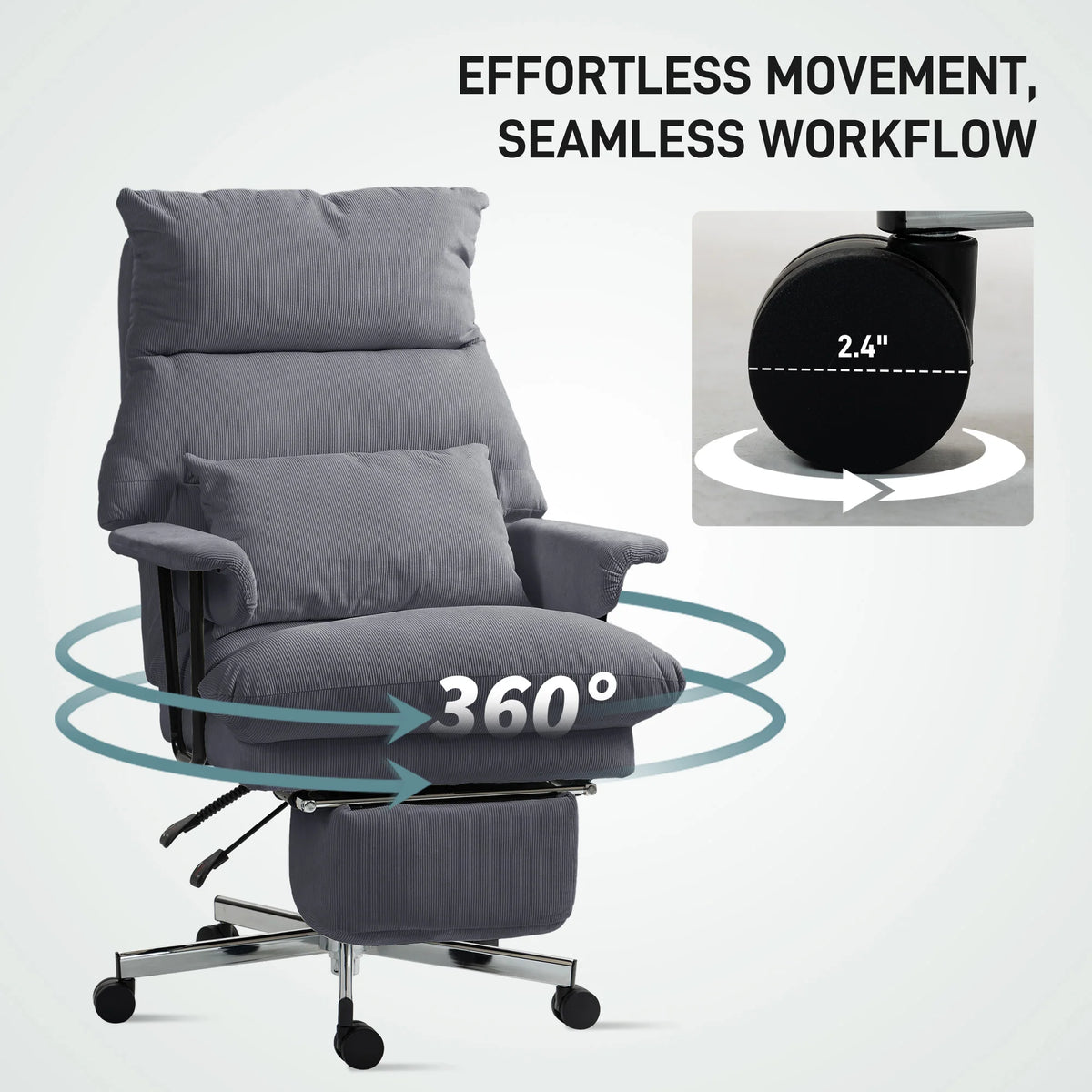 Gray office chair graphic with 360-degree swivel arrows and a close-up of a rolling caster.