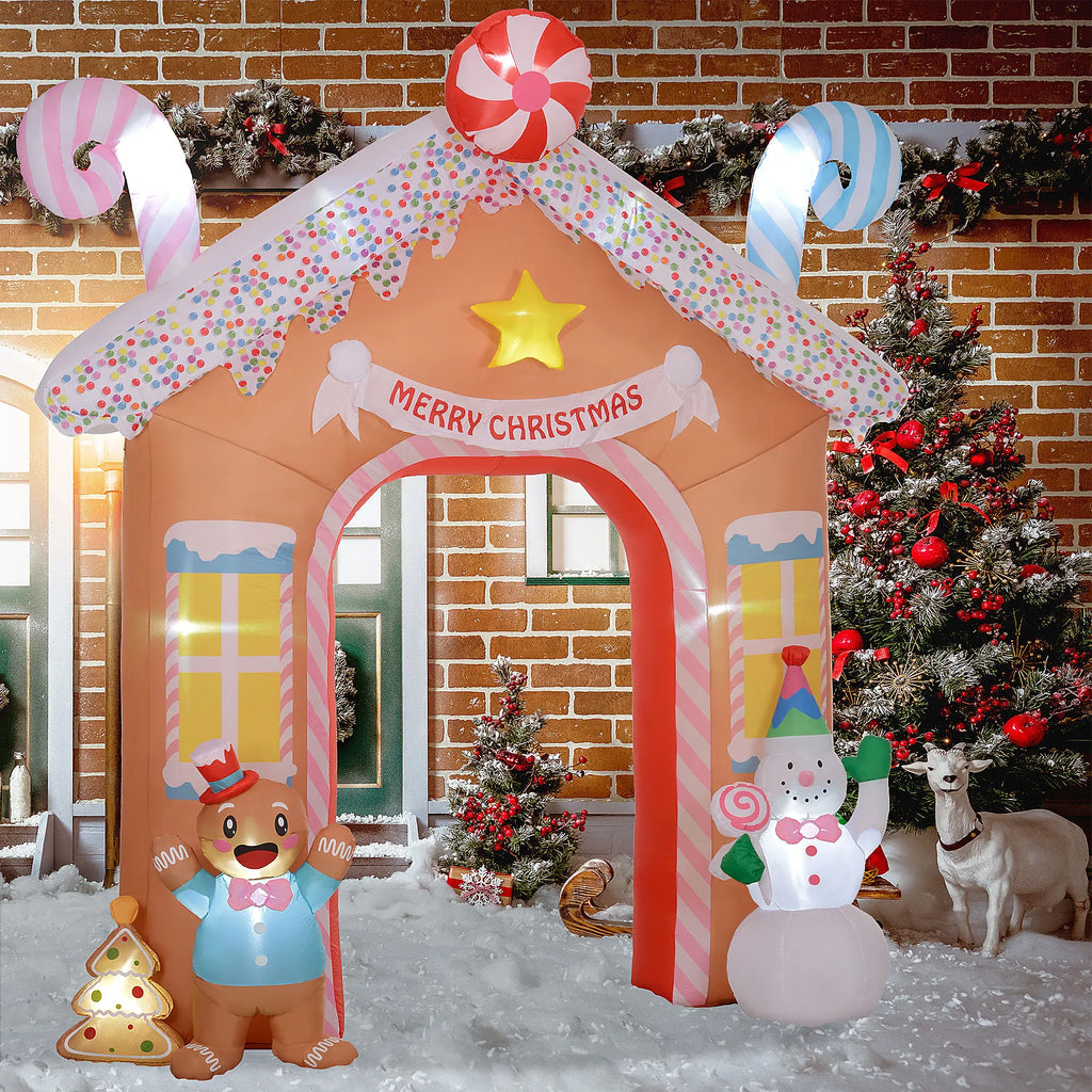 Gingerlane lighted gingerbread archway displayed outside a decorated holiday entrance