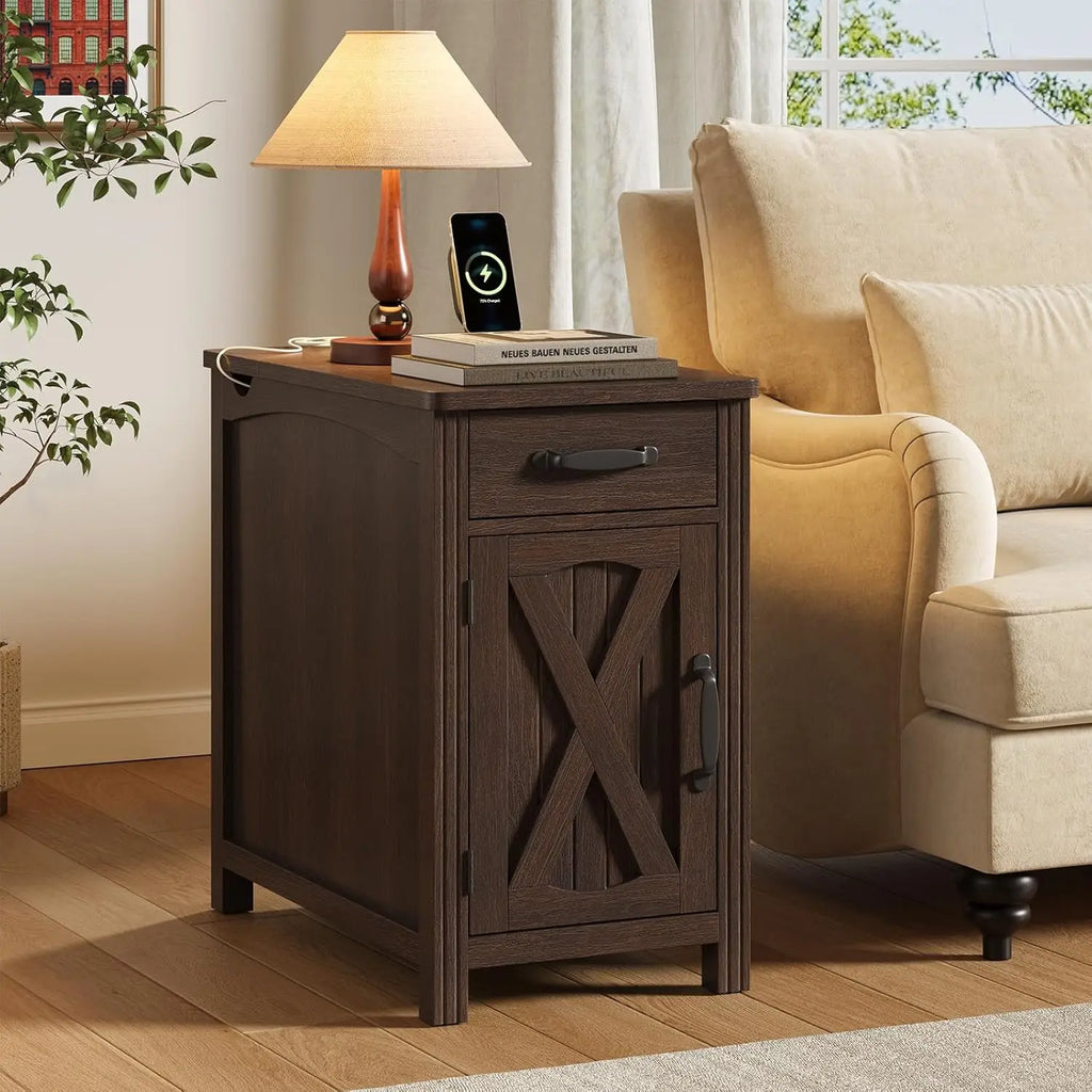 Gossamernote brown charging nightstand with drawer and X-detail cabinet door beside an armchair
