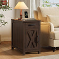 Gossamernote brown charging nightstand with drawer and X-detail cabinet door beside an armchair