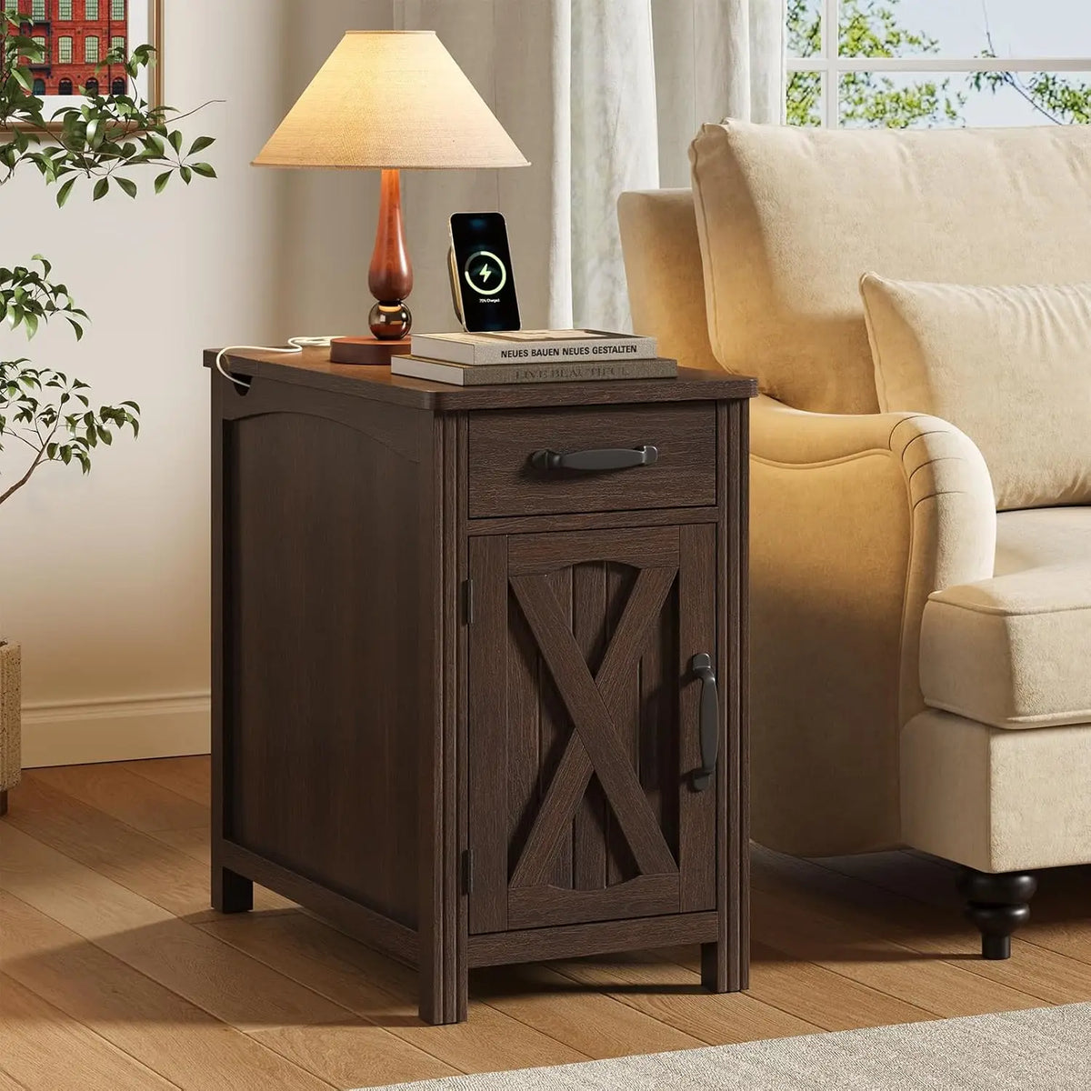 Gossamernote brown charging nightstand with drawer and X-detail cabinet door beside an armchair