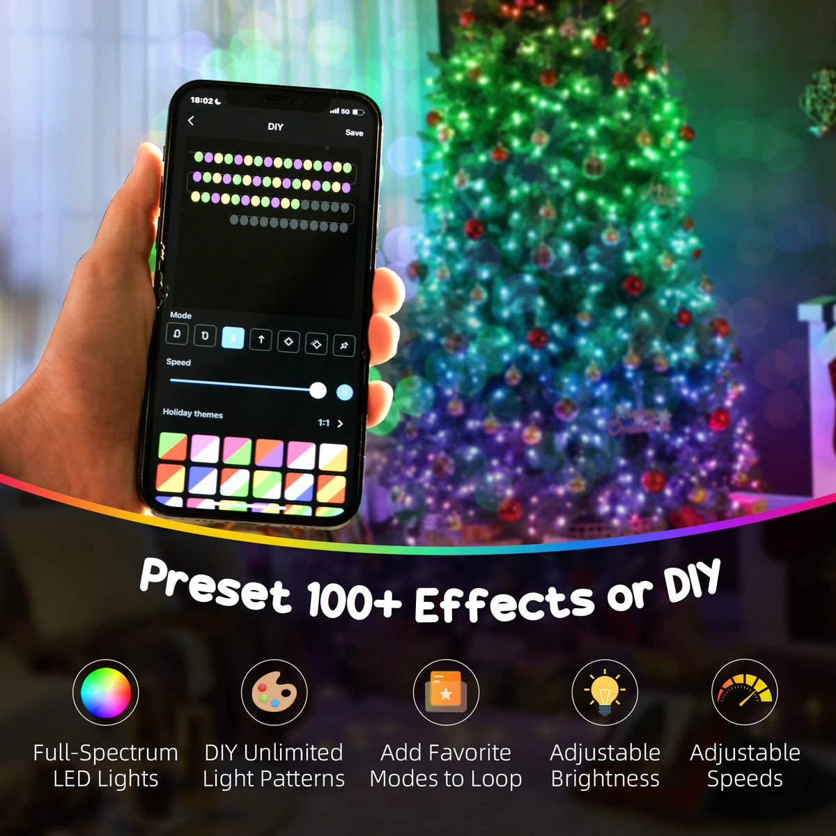 Spectraglow app-control graphic showing 100-plus effects, DIY patterns, brightness, and speed controls