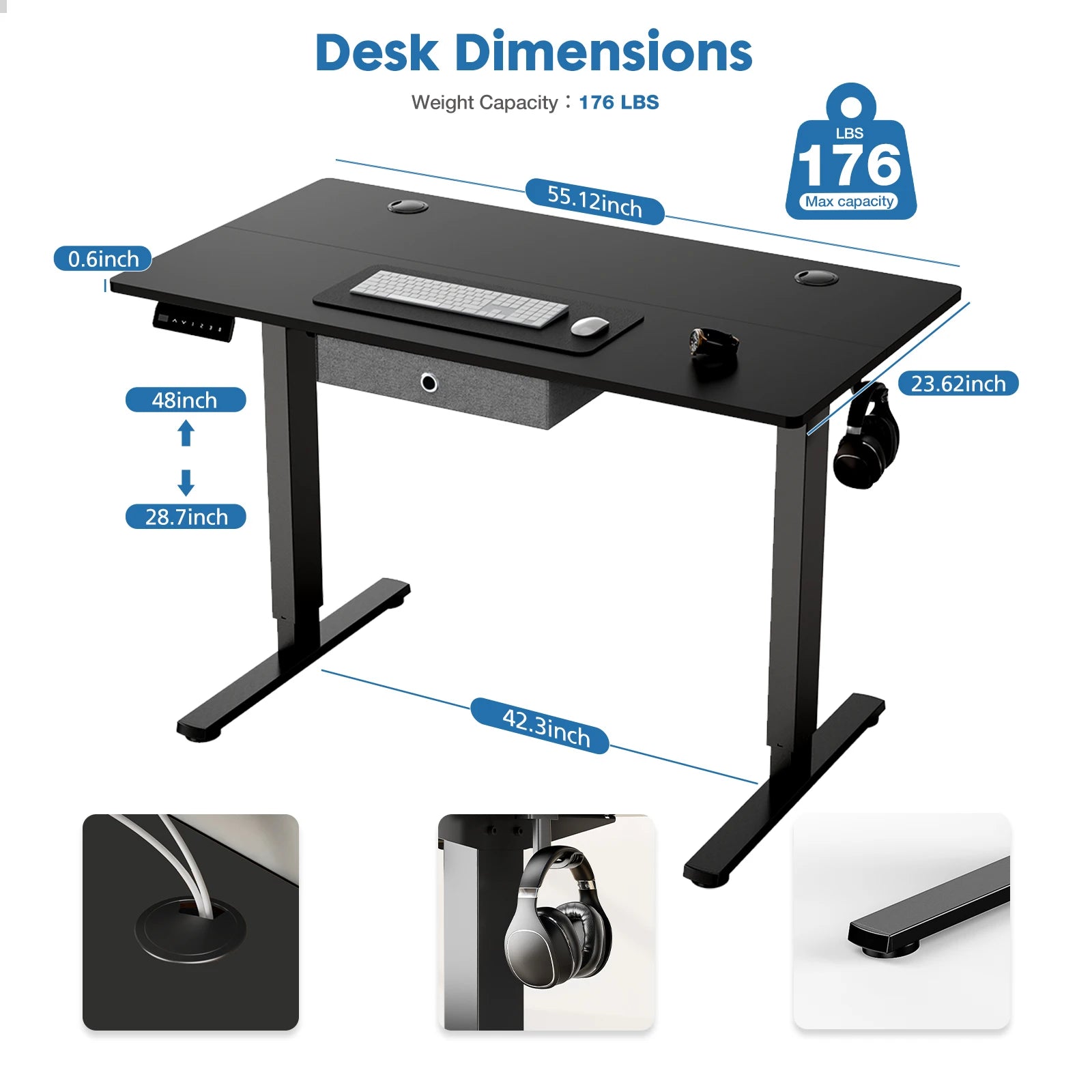Black desk with measurements and capacity details on a white background