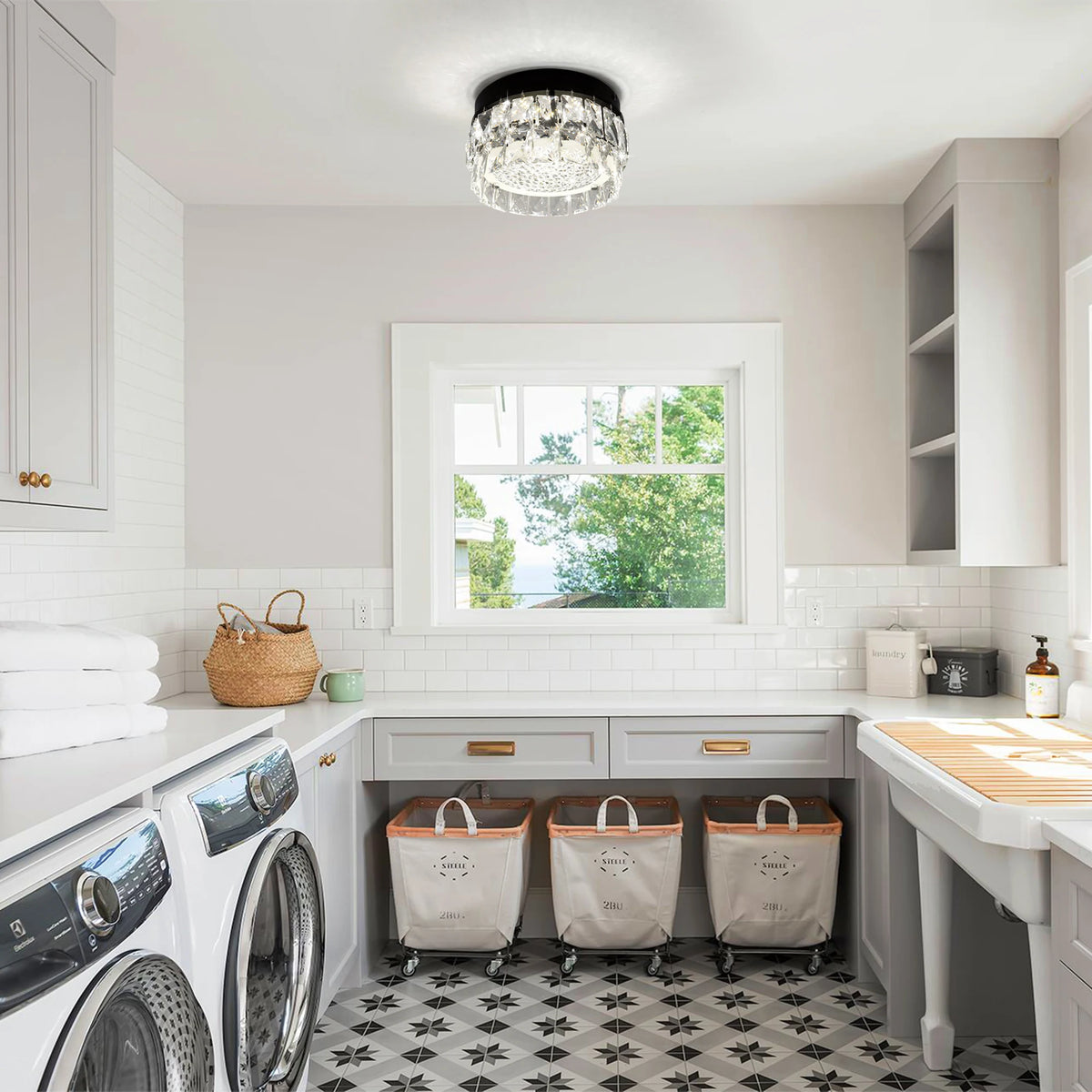 Glacielle: Round black flush-mount light installed in a laundry room