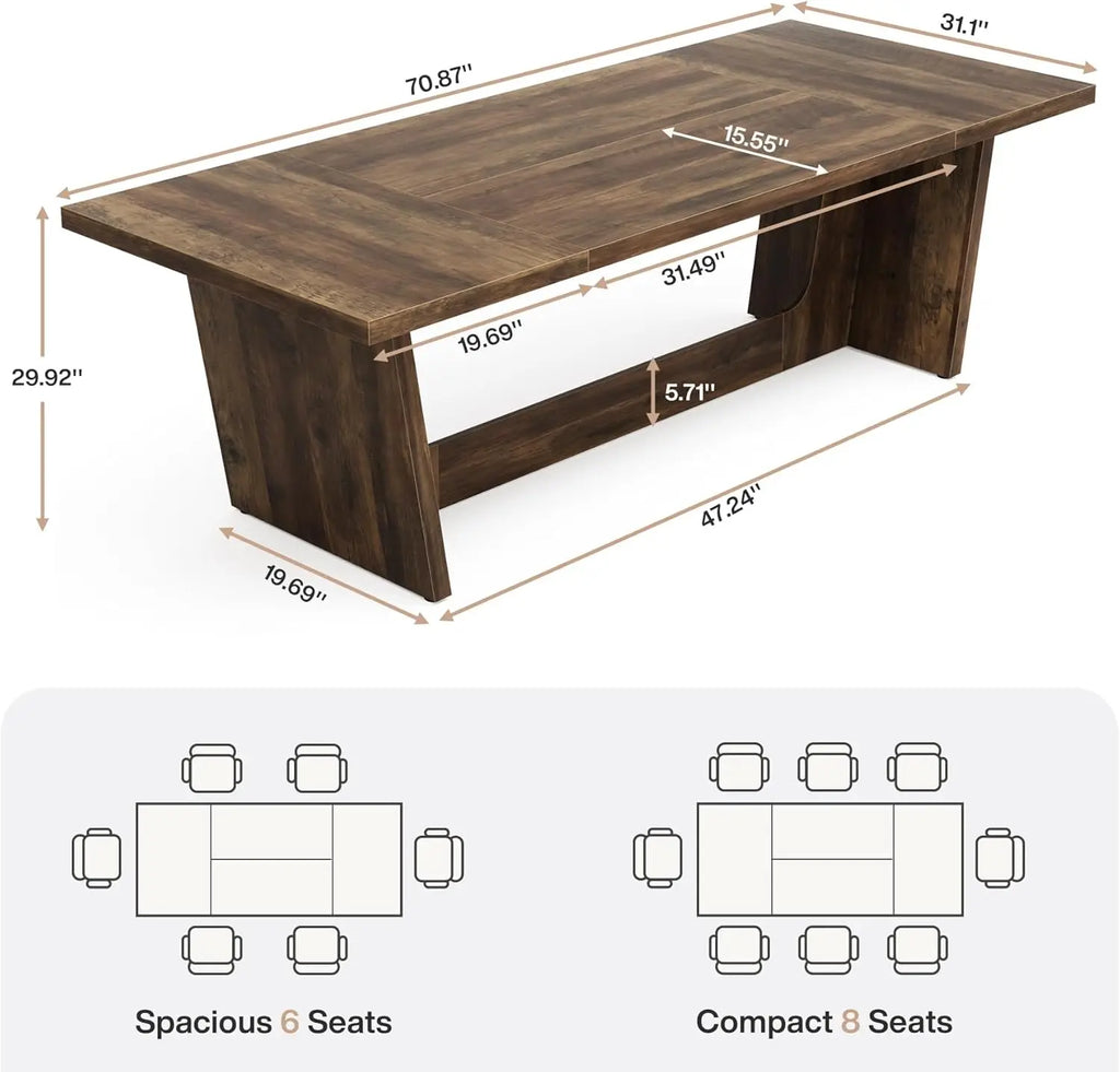 Wooden dining table with dimensions and seating capacity illustrations on a white background