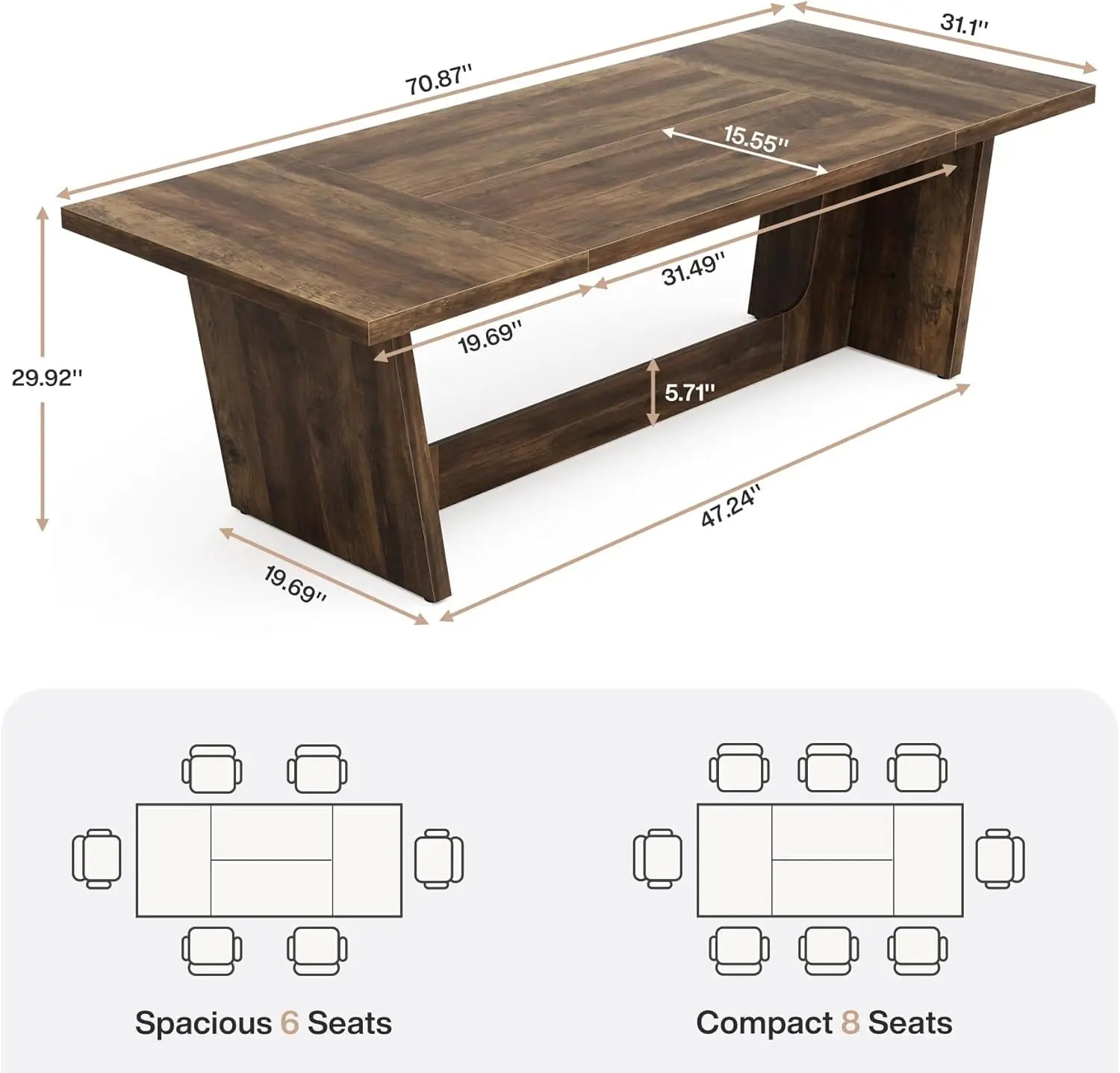 Wooden dining table with dimensions and seating capacity illustrations on a white background