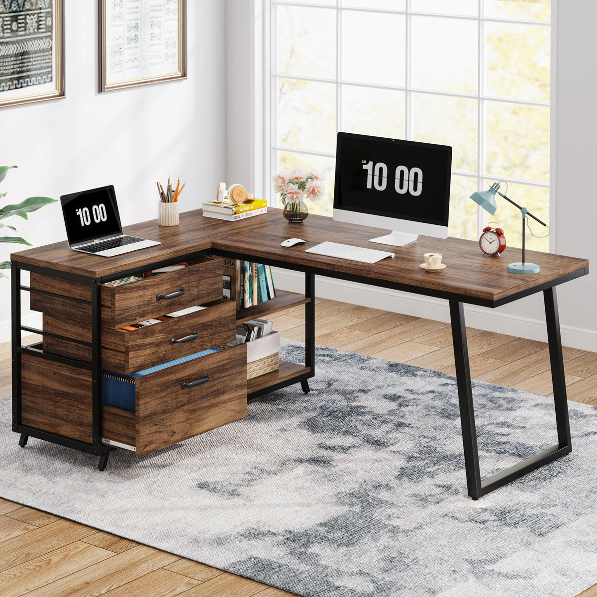 Prismveil reversible L-shaped desk with storage return on one side