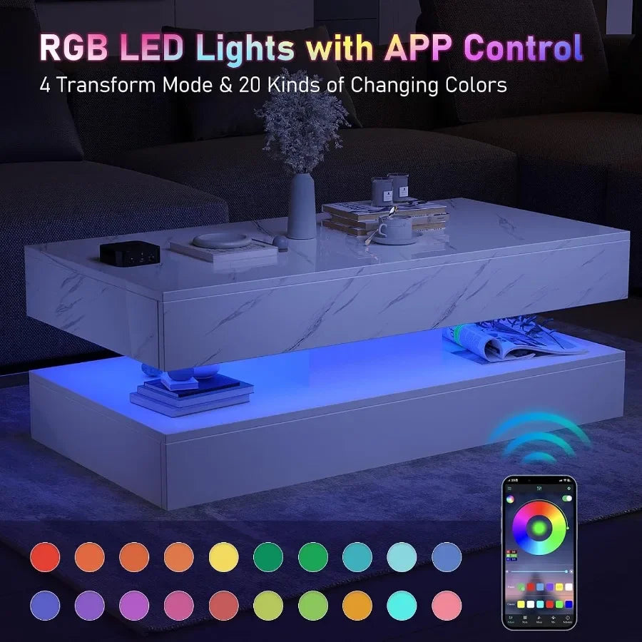 App-controlled LED color illustration for the white coffee table