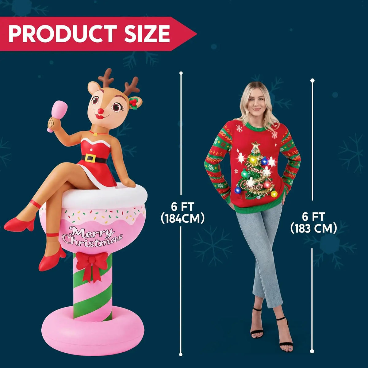 Fizzbelle Christmas inflatable height graphic indicating approximately six feet.