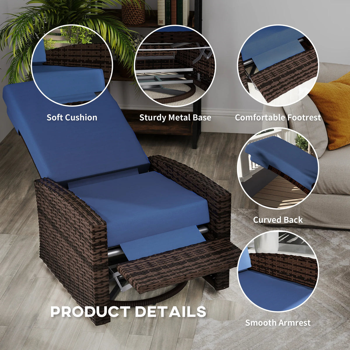 Marlisse Wicker Swivel Recliner - Dark Blue