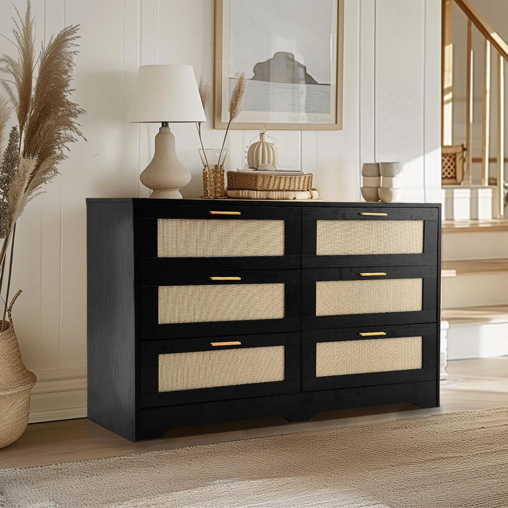 Merewick Black six-drawer dresser with contrasting tan woven panels and gold-tone handles