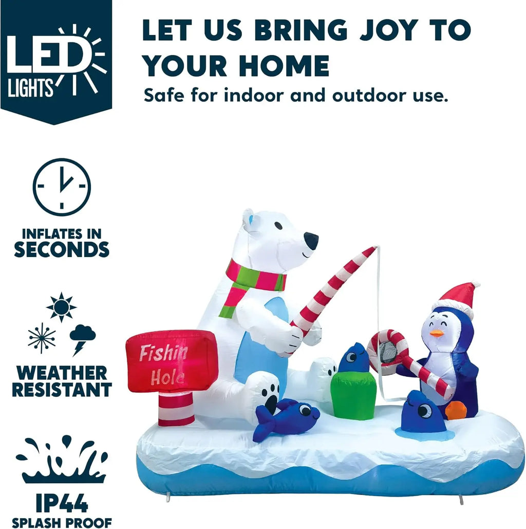 Frostfin connected polar bear and penguin ice-fishing display feature overview.