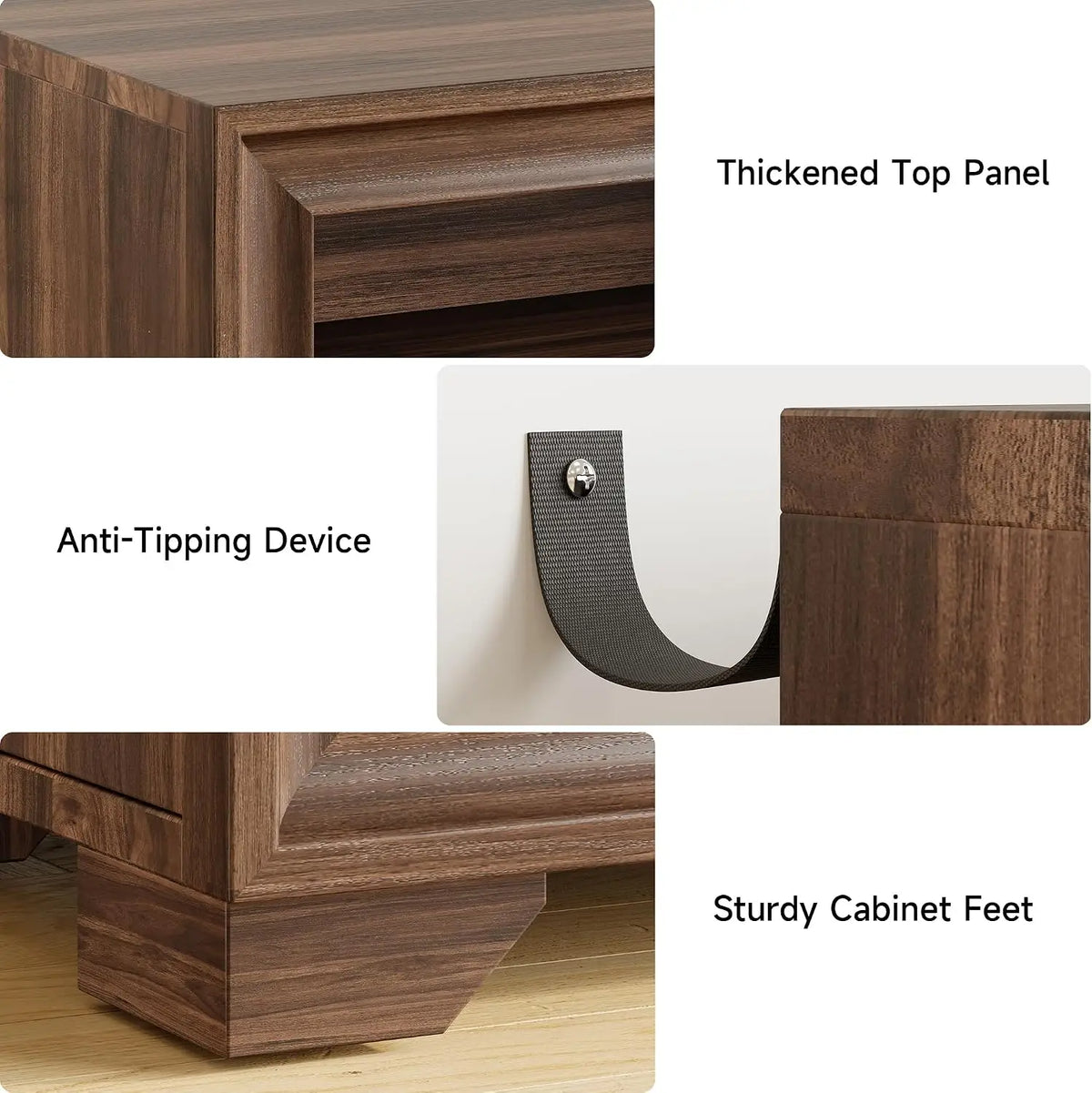 Bramblenote top-panel, anti-tip strap and cabinet-foot details.