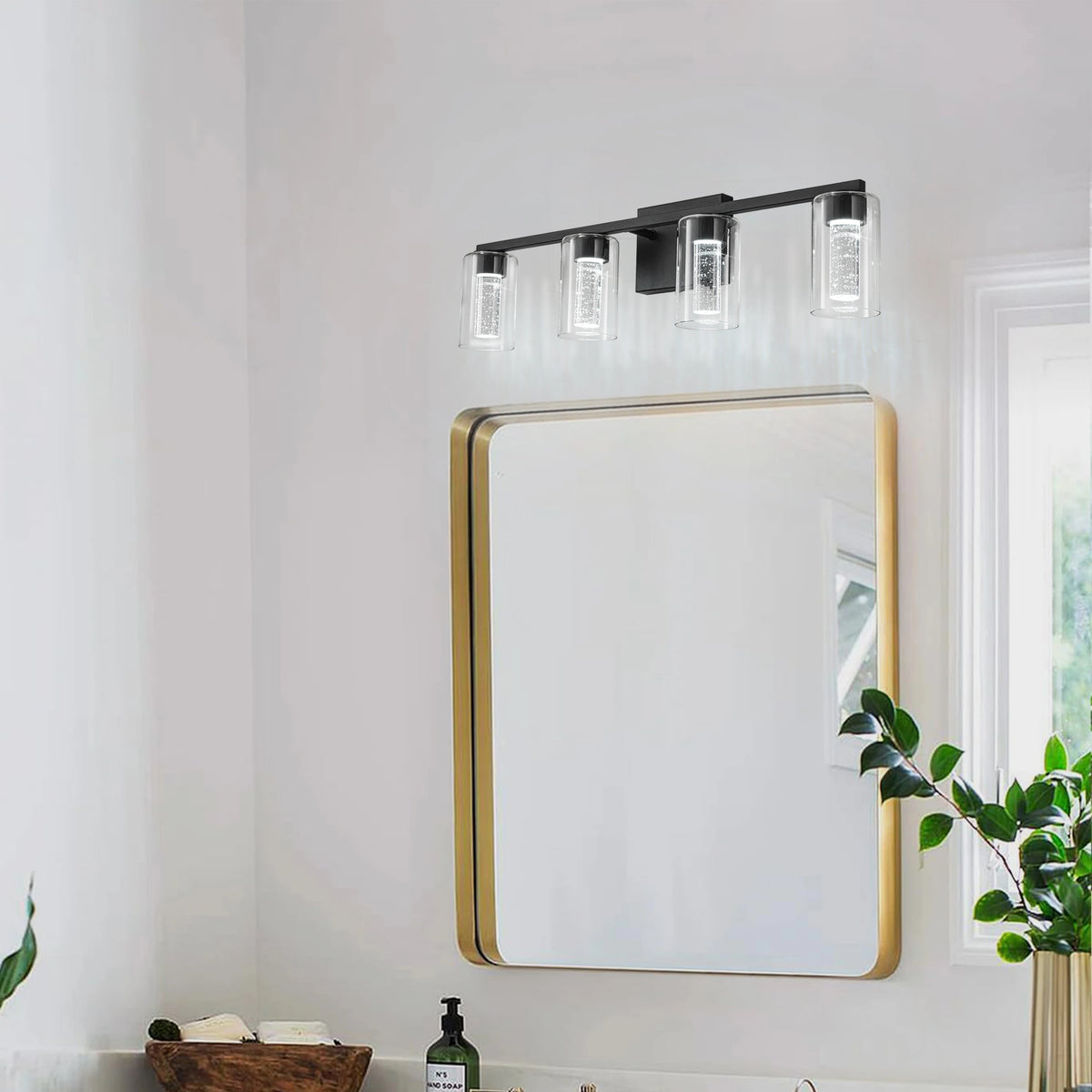 Crestline Four-Light Glass Vanity Sconce – Black