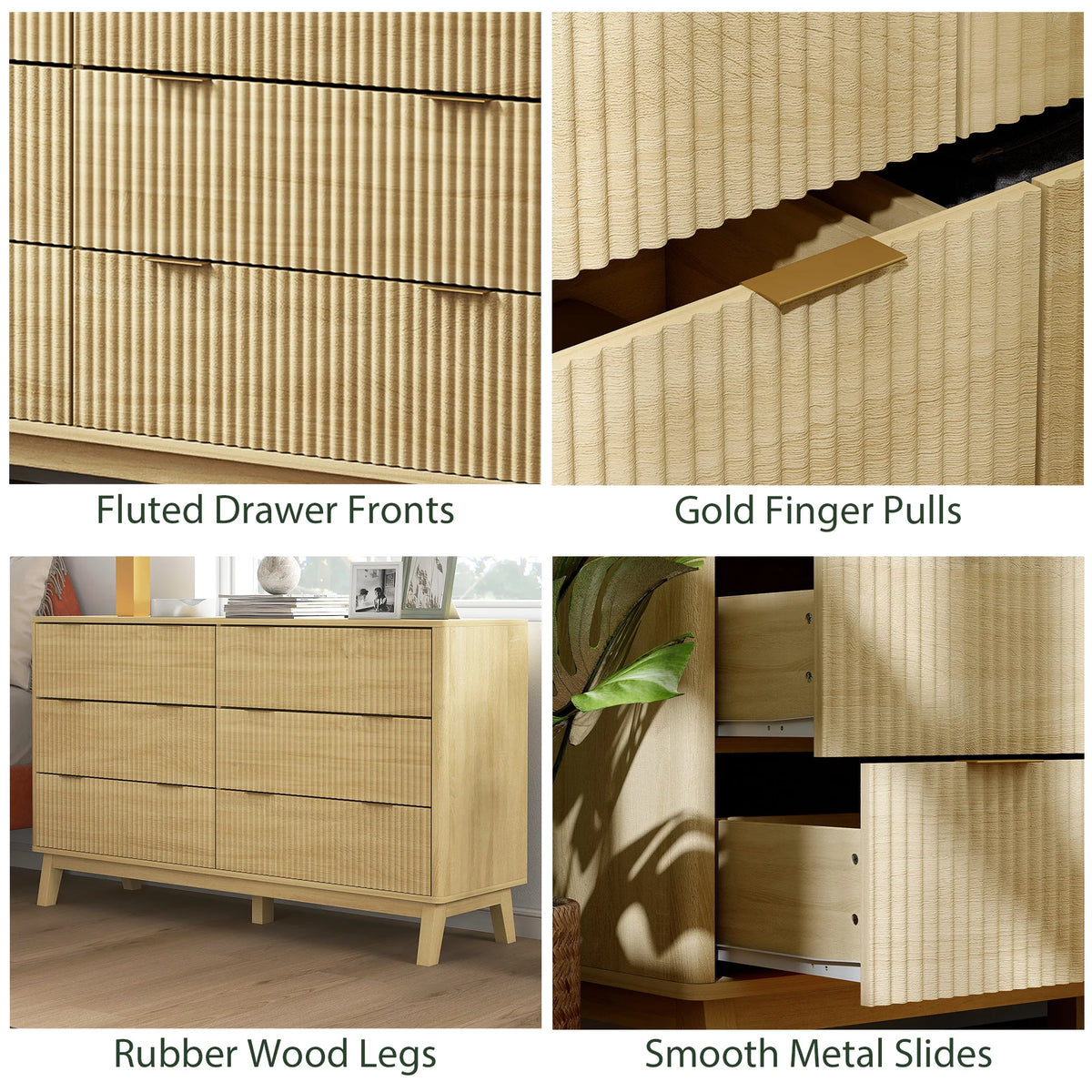 Sunbeamcrest fluted drawer fronts, gold-tone pulls, rubberwood legs and metal slides.