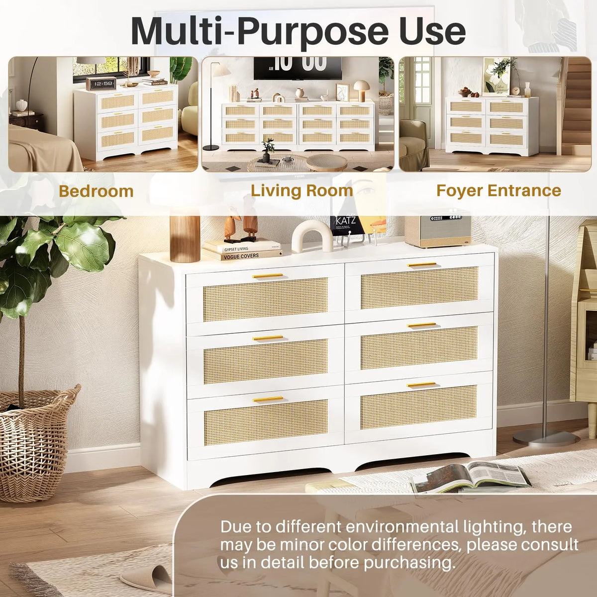 Merewick White dresser shown in bedroom, living-room and entryway settings