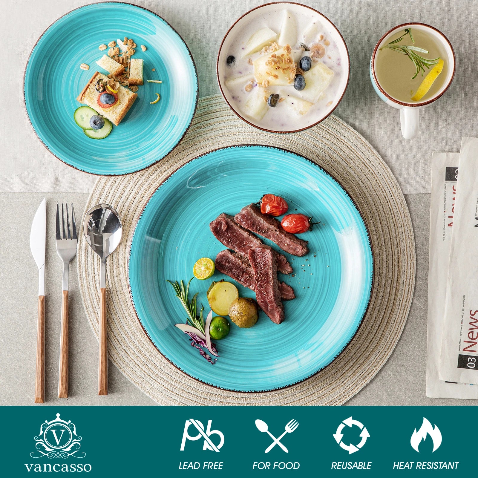 VANCASSO Bella Stoneware Dinnerware Set – 16/32/48 Pieces, Turquoise