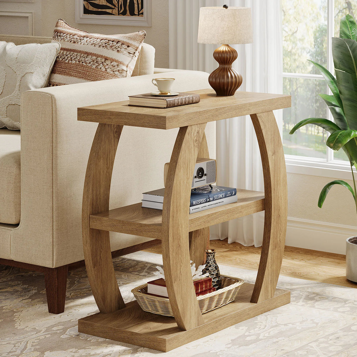 Fernnote natural-oak three-tier nightstand with arched side frame