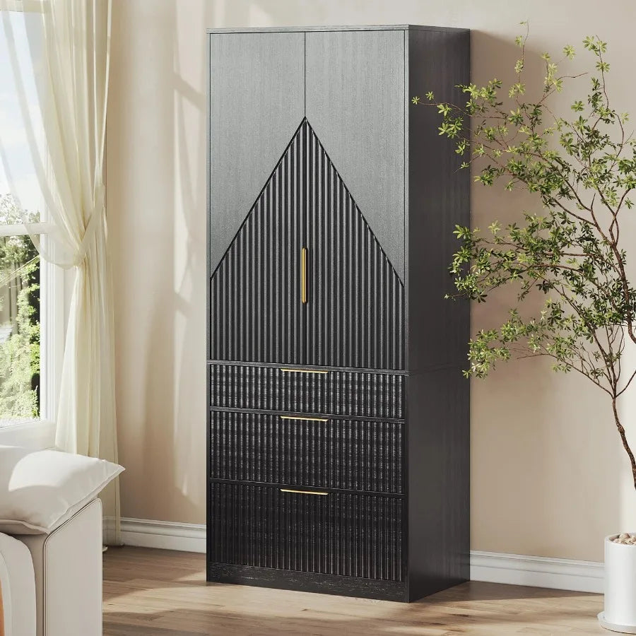 Single black wardrobe staged beside a window