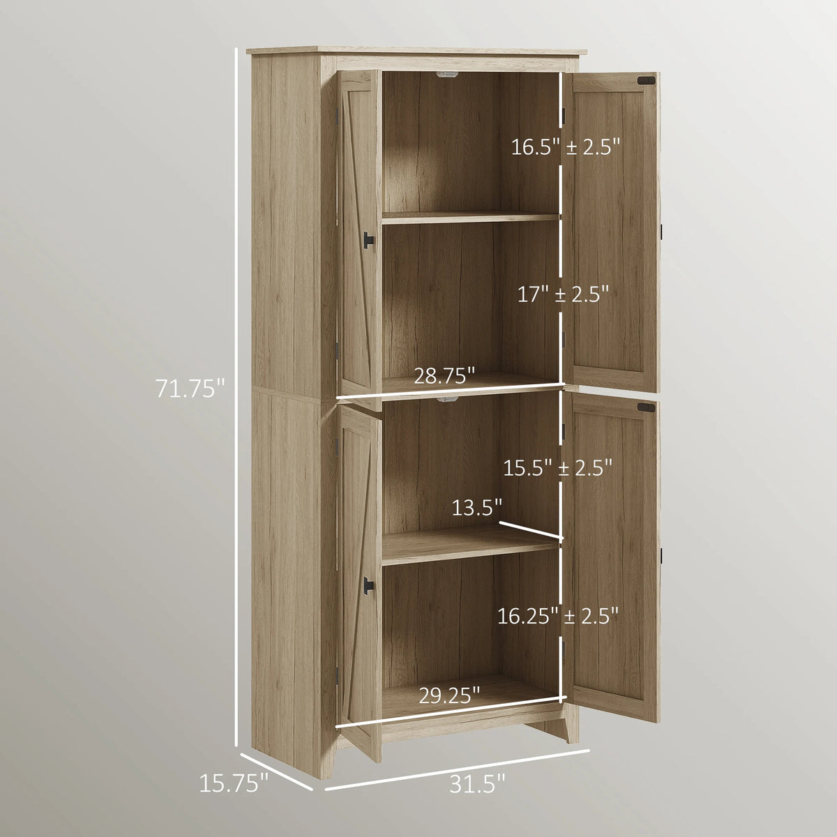 Wonderhalo dimension diagram showing 31.5-inch width,15.75-inch depth,71.75-inch height and adjustable shelf clearances