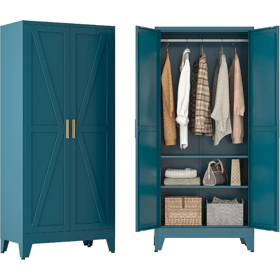 Blue metal wardrobe shown closed and open, with two patterned doors, a hanging rod and lower shelves.