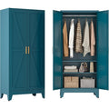 Blue metal wardrobe shown closed and open, with two patterned doors, a hanging rod and lower shelves.