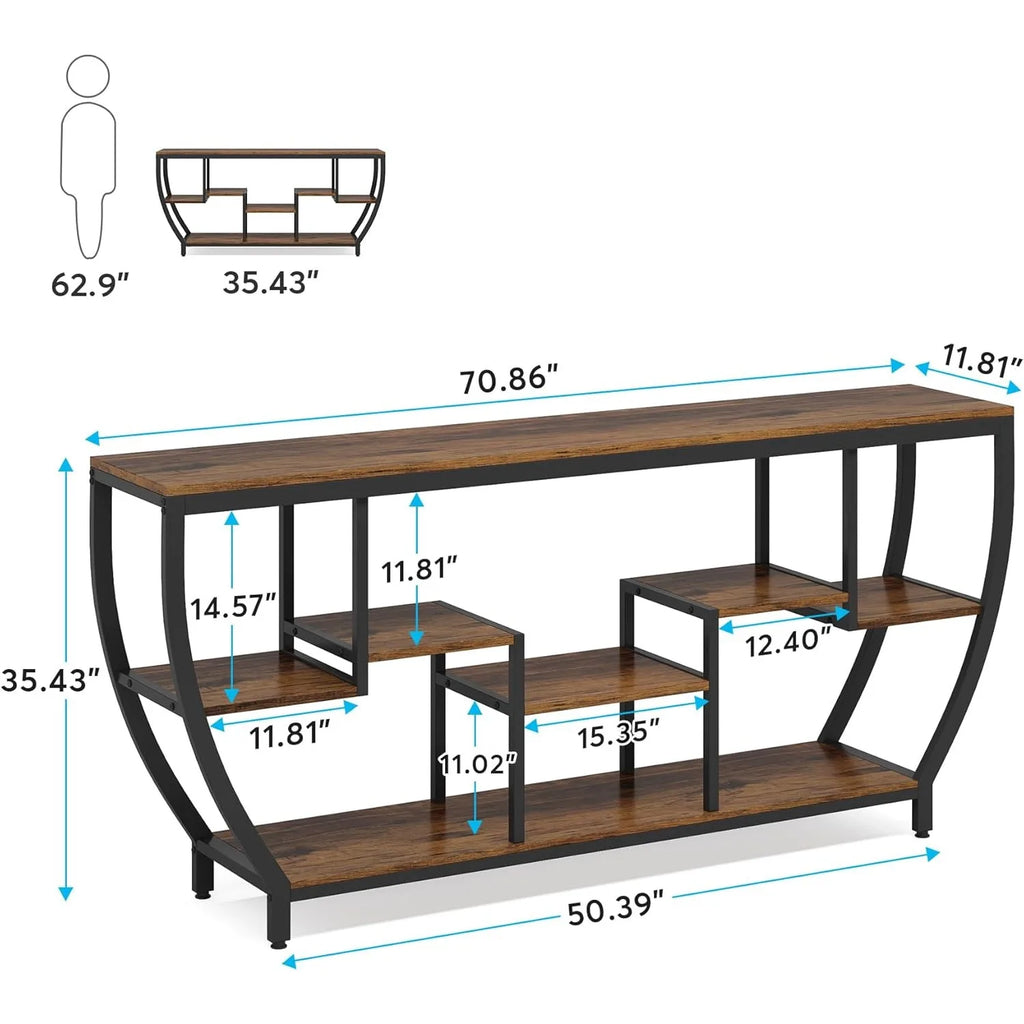 Wooden console table with black metal frame and dimensions labeled on a white background