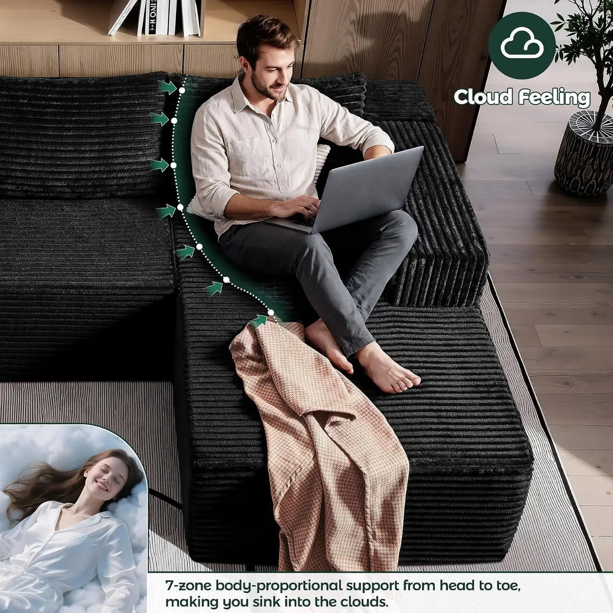 Man relaxing on Sablewynn black corduroy sectional with laptop