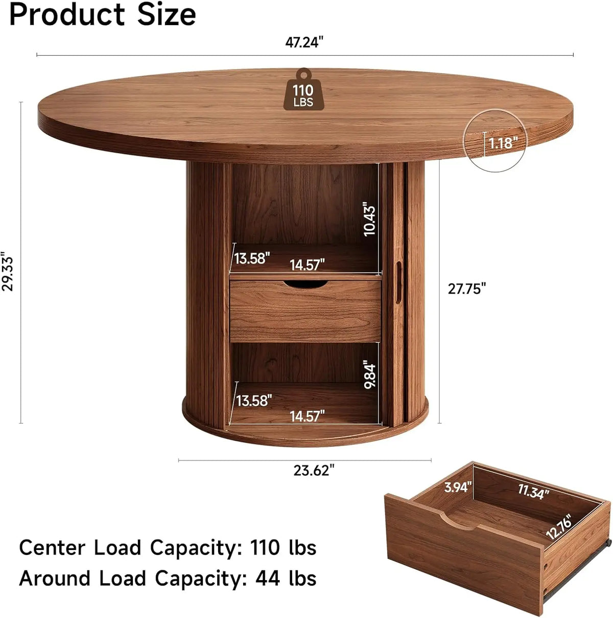 Rhymelark dimension diagram with tabletop, pedestal, storage and drawer measurements