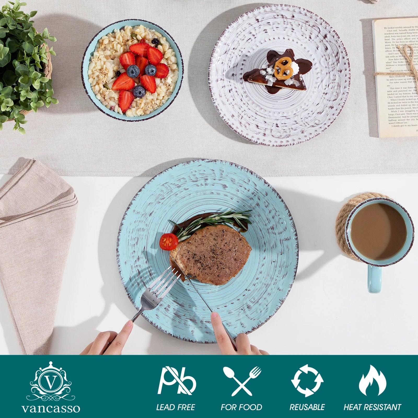VANCASSO VINE Embossed Stoneware Dinnerware Set – 16/32/48 Pieces, Beige & Blue-Green