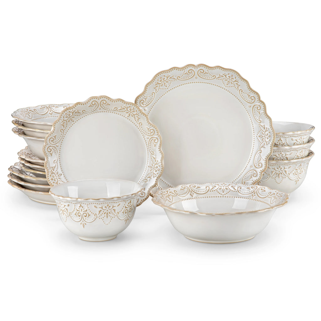 MALACASA white relief dinnerware arranged for the 16 Piece option