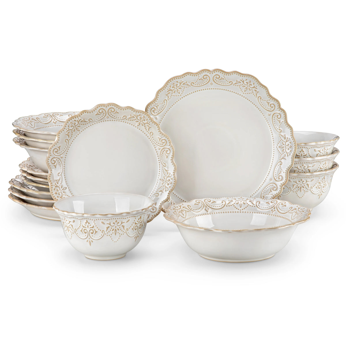 MALACASA white relief dinnerware arranged for the 16 Piece option
