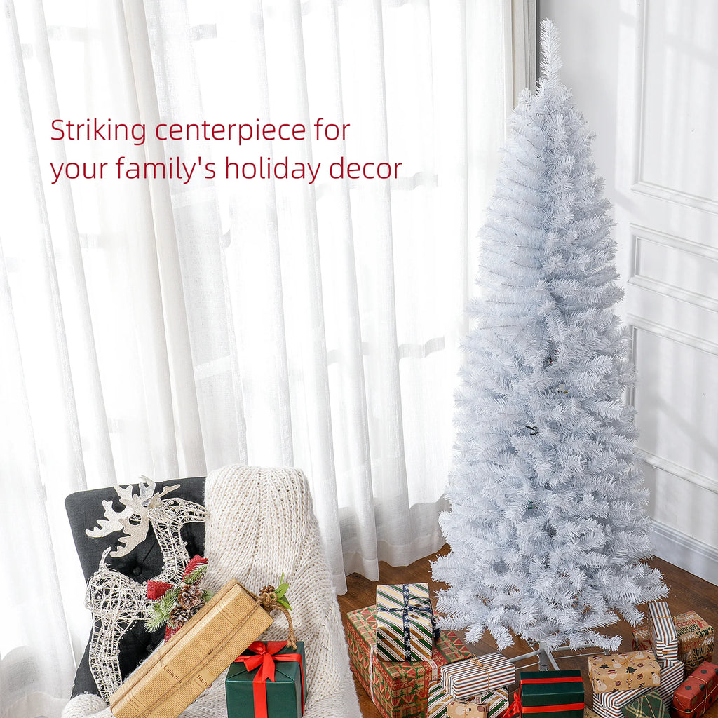 Eversnow slim white tree beside a chair and wrapped gifts