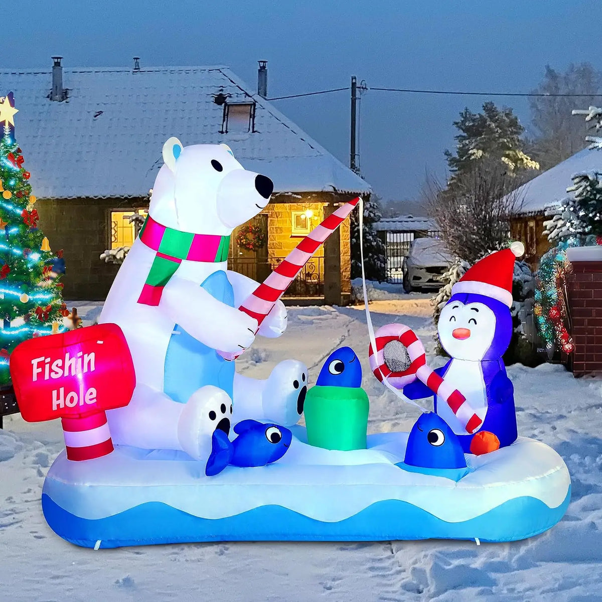 Frostfin polar bear and penguin ice-fishing scene with striped poles, blue fish and a green bucket.