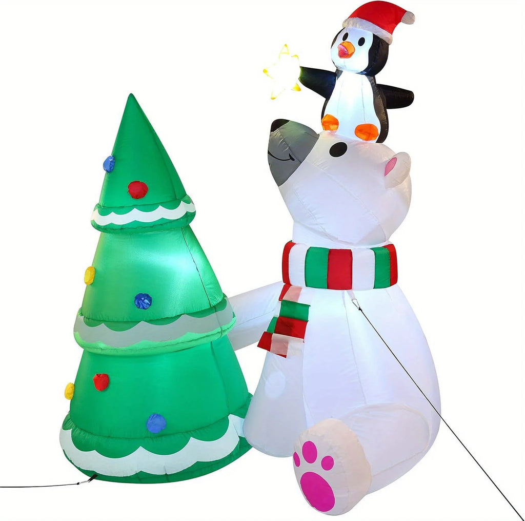 Treestar penguin holding a yellow star while perched on a polar bear beside a decorated tree.