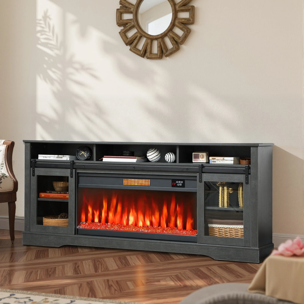 Threadveil fireplace TV stand with open upper storage and two glass-front side cabinets in a living room.