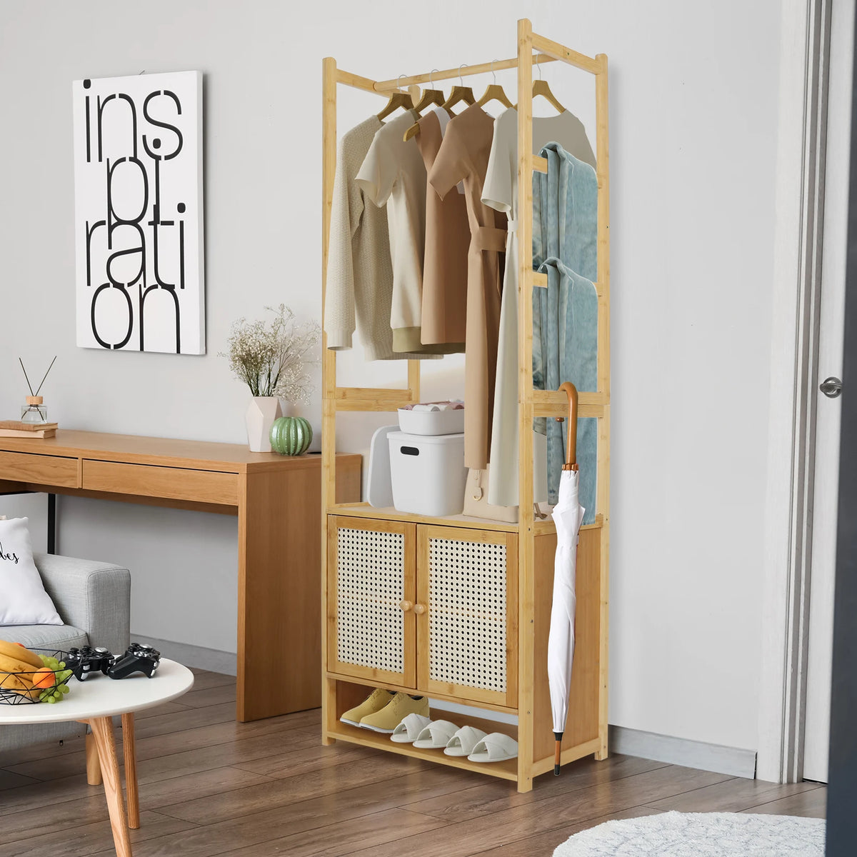 Bramwell Bamboo Garment Rack with Cabinet