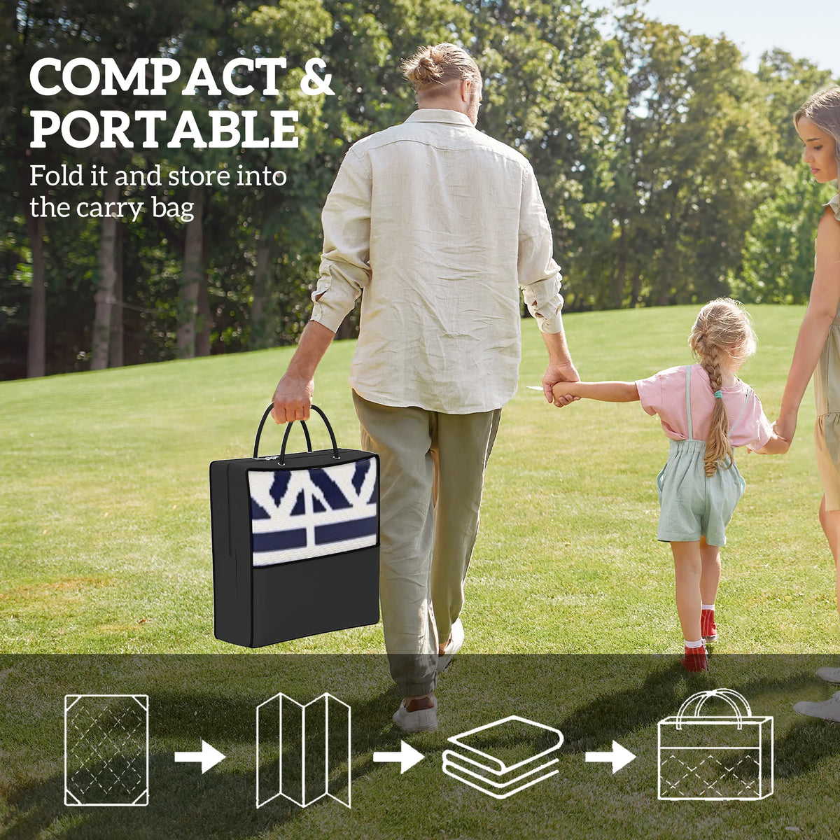 Dreamwhisper foldable outdoor rug packed into its carry bag
