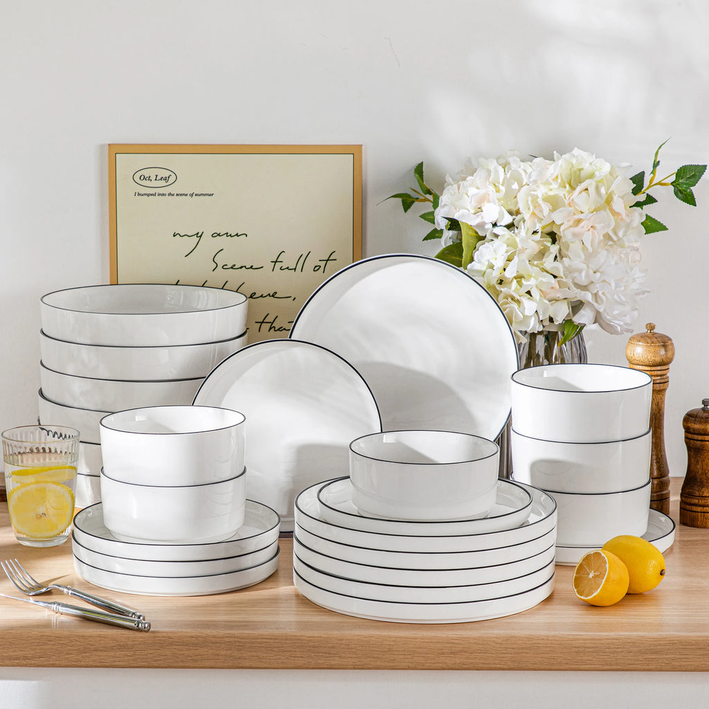 MALACASA Luna Series Ceramic Dinnerware Set - White or Black Rim