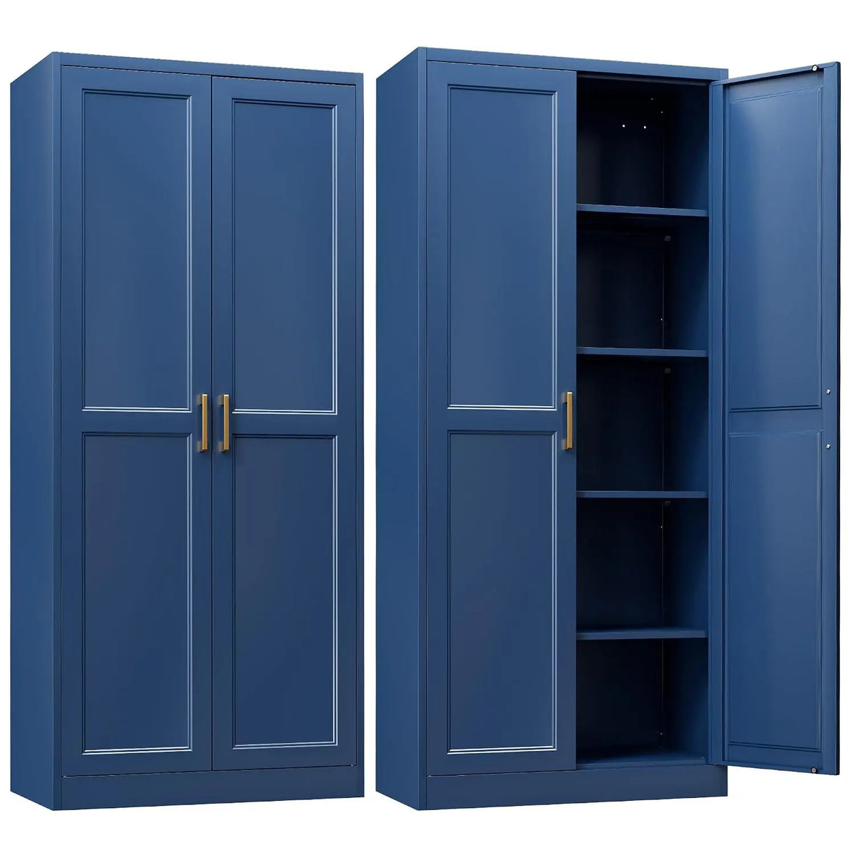 Evrienne Blue variant with paneled doors, gold-tone handles and four interior shelves