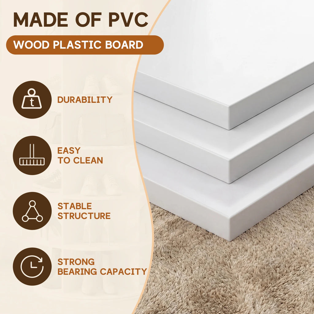 Material graphic showing white boards labeled PVC wood-plastic board beside a faded view of the white shoe rack.