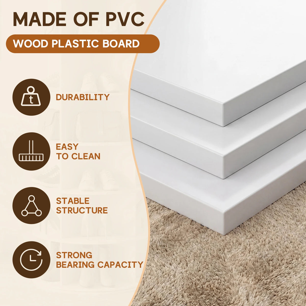 Material graphic showing white boards labeled PVC wood-plastic board beside a faded view of the white shoe rack.