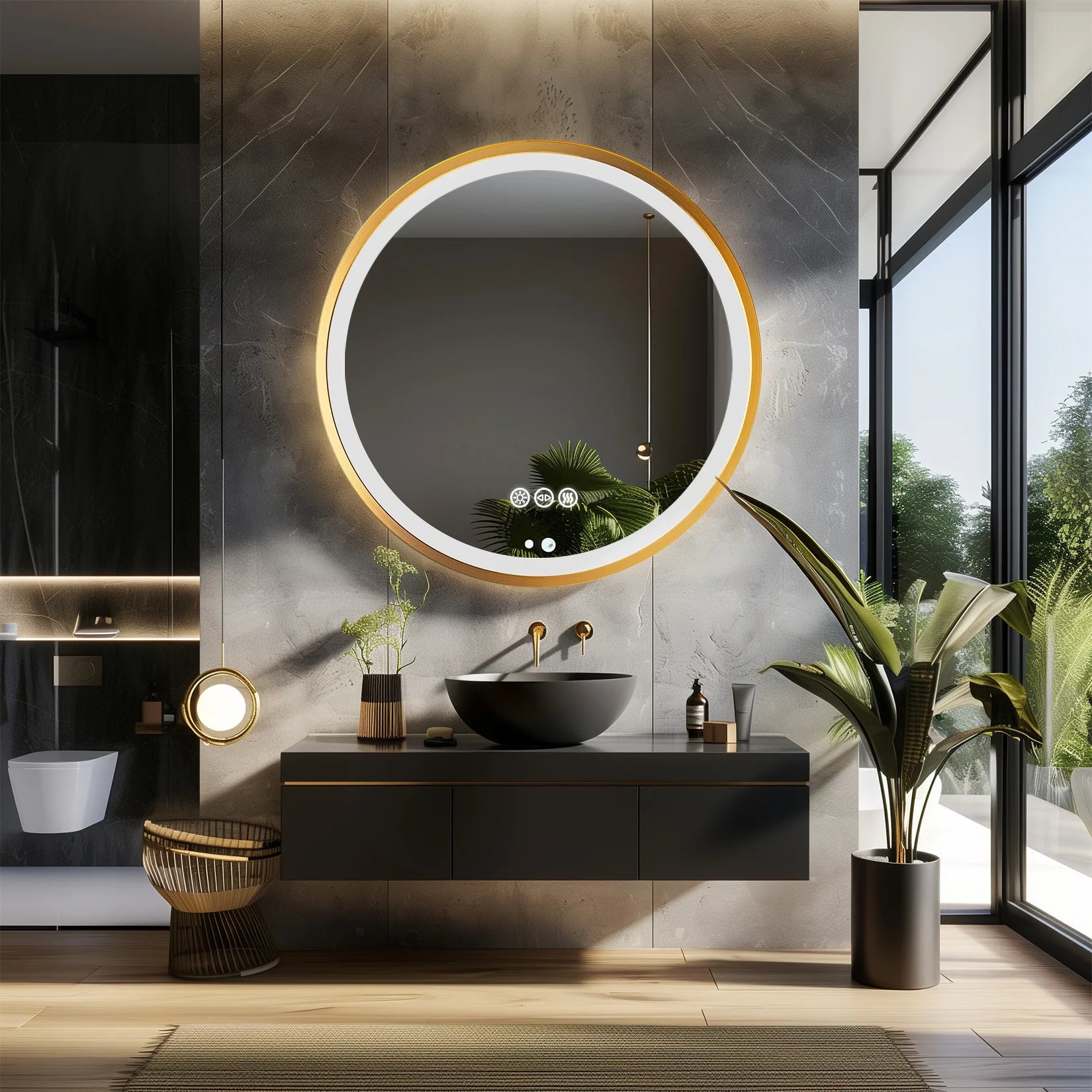 Round LED Bathroom Mirror – Gold Aluminum Frame, Anti-Fog