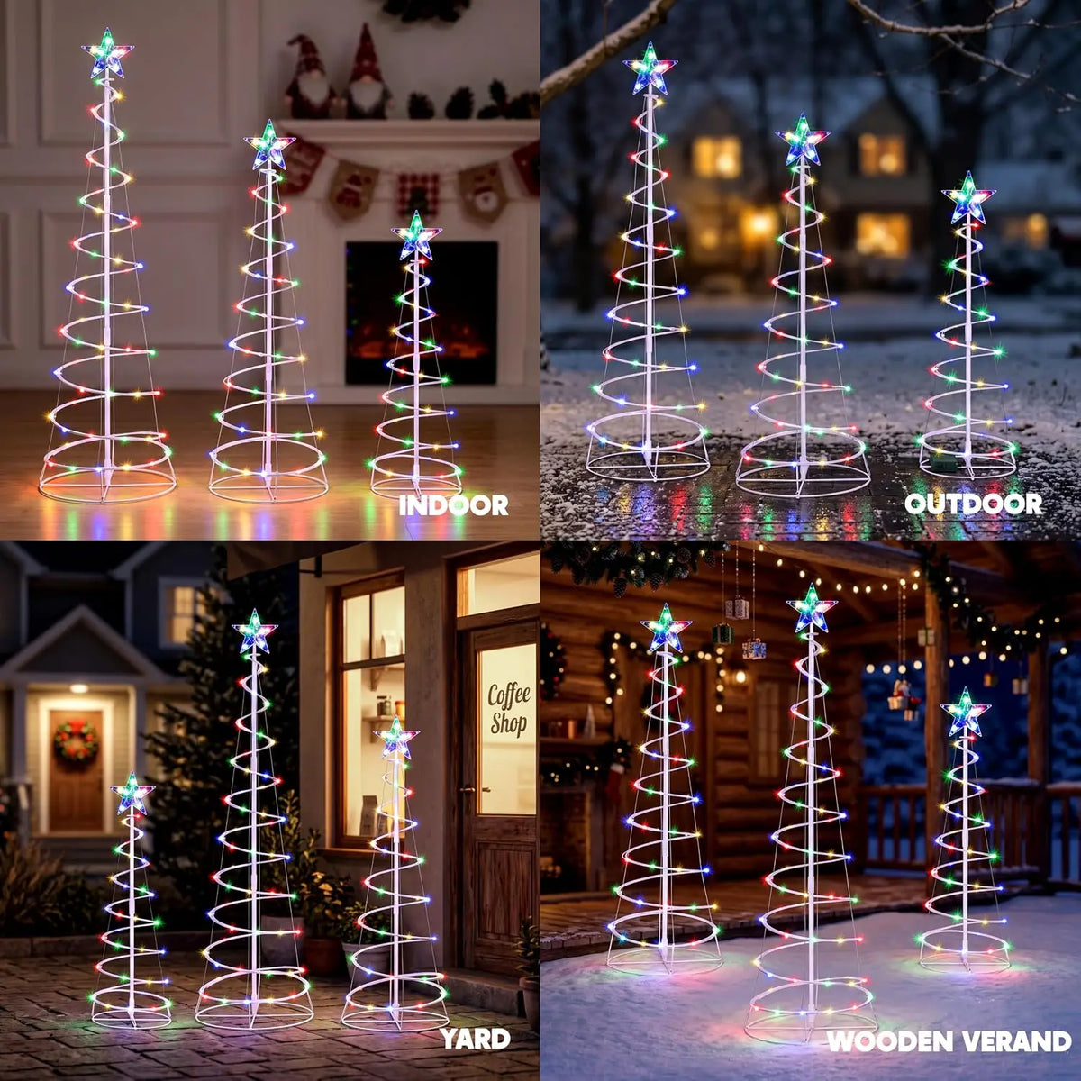 Spiravelle spiral tree trio shown in indoor, outdoor, yard and veranda settings