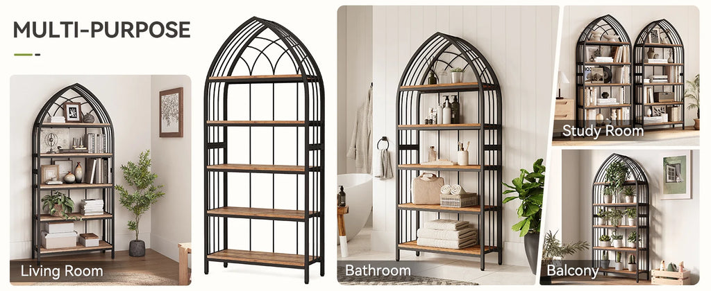 Arched Metal Bookshelf with Open Shelves