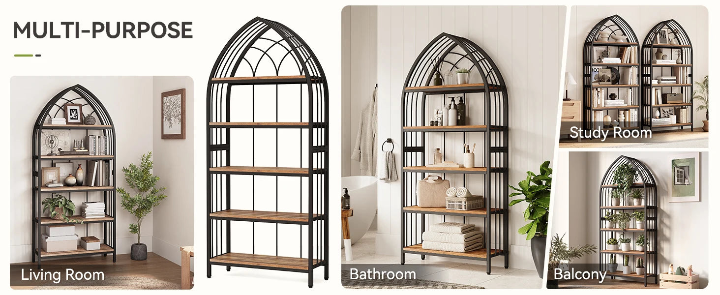 Arched Metal Bookshelf with Open Shelves